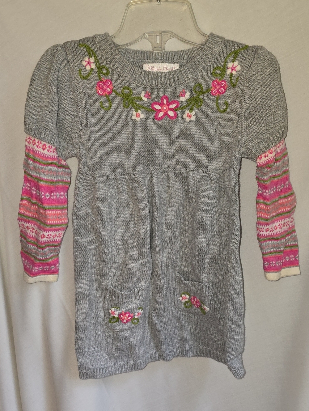 Gray Knit Floral Sweater Dress with Pink Accent Sleeves
